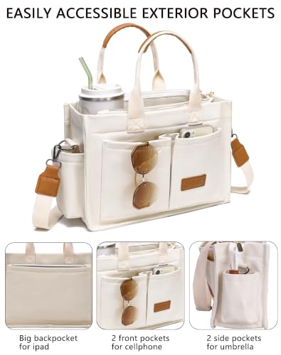 ZHMO Canvas Tote Bag for Women,Women's Bags Crossbody Bags Work Laptop Tote Bag Large Handbags Purse for Travel Nurse Teacher - color: New Upgrade White With Compartments and Side Cup Holders