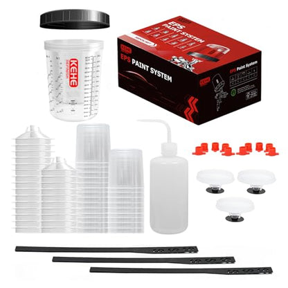 Disposable Paint Cups for Spray Gun,Mixing Cups 26 Ounce (800ml) Kit with 25 Cups and Lids with Strainer System for HVLP&LVLP,1 Hard Cup with Retainer Ring,10 Plugs,3 Caps,1 Wash Bottle - size: 26 oz (Large)-25Pack