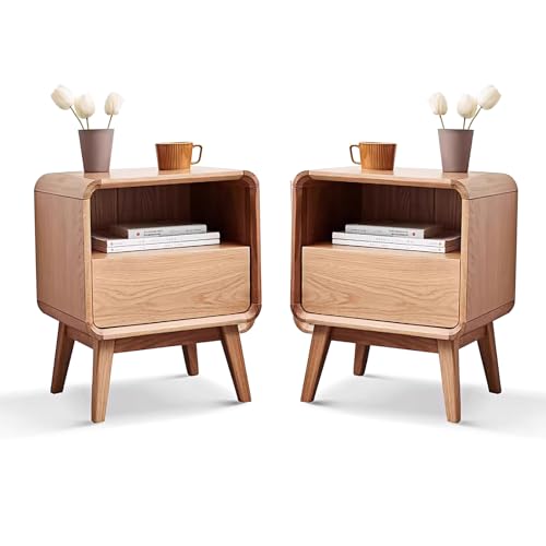 Solid Wood Nightstand Set of 2, Mid Century Modern Nightstands with Drawer, Small Nightstand with Open Storage, Small Bedside Table for Bedroom, Dormitory(Natural Wood Color) - color: Natural 1 Drawer, size: 2 PACK