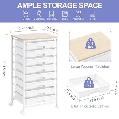 SYKIARIOL Rolling Storage Cart with Drawers, 8 Drawers Utility Cart,White - color: White