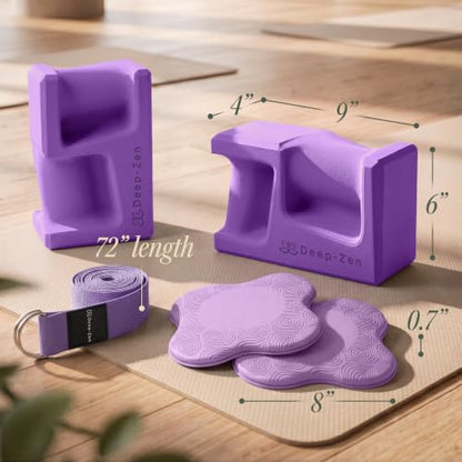PRO Yoga Blocks | Ergonomic Yoga Block 2 Pack for Wrist Comfort and Support | EVA Foam Exercise Blocks, 2x Knee Pads & Yoga Strap | Pilates Block Set | Bricks to Eliminate Wrist Pain - color: Purple