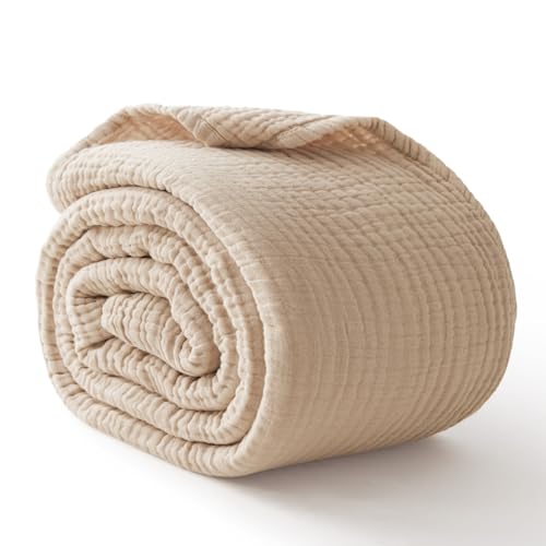 100% Cotton Muslin Blanket California King 120" x 90", 6 Layers Breathable and Lightweight Oversized Blankets for Bed, Soft Cooling Gauze Blanket for Adults All Season, Beige - color: 01 - Beige, size: Cal King (120" X 90")