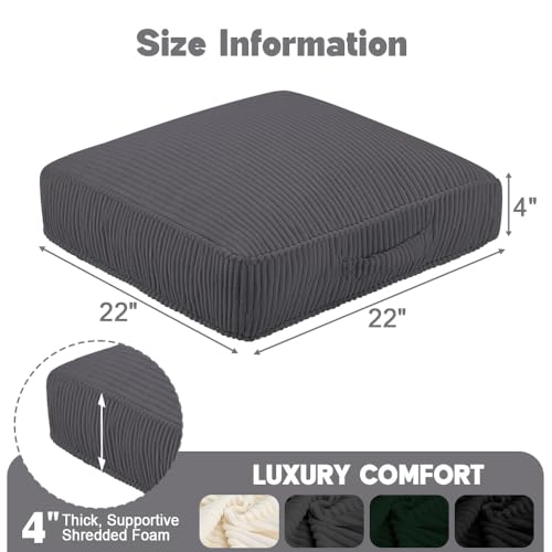 Floor Pillow for Adults, 22"x22" Square Floor Cushions | Large Meditation Pillow, Tatami Seat with Handle for Living Room or Yoga, Corduroy, Washable Cover, Dark Grey - color: Dark Grey, size: 22x22x4.2 inch