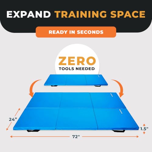 BalanceFrom 6x2 Feet 3-Panel Folding Gymnastics Mat – 1.5-Inch Thick Pad with Vinyl Surface and Carrying Handles for Tumbling, Yoga, Pilates, Home Workouts, and Martial Arts - color: Blue