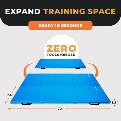 BalanceFrom 6x2 Feet 3-Panel Folding Gymnastics Mat – 1.5-Inch Thick Pad with Vinyl Surface and Carrying Handles for Tumbling, Yoga, Pilates, Home Workouts, and Martial Arts - color: Blue