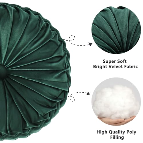 HIG Set of 2 Emerald Velvet Decorative Round Pleated Throw Pillows - color: Emerald