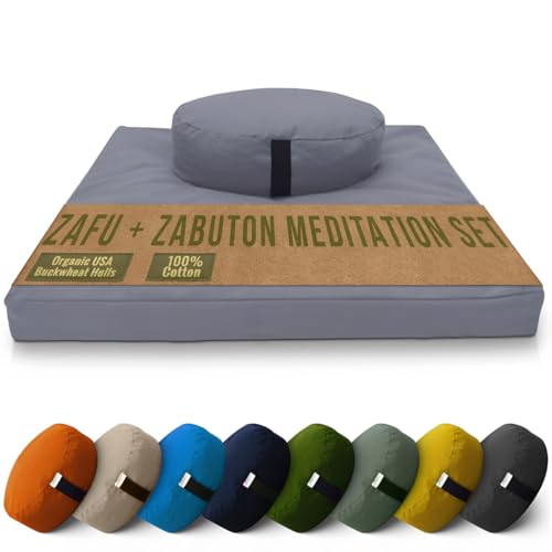 Bean Products Meditation Cushion Mat Set - Zafu Floor Pillow Organic Buckwheat Pillow + Cotton Filled Zabuton Prayer Pad - Meditation Pillow Yoga Knee Pad - Made in USA - 14" Round or 18" Oval - color: Stone Gray - 10oz Cotton Canvas, size: Oval Combo