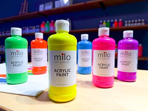 milo Fluorescent Acrylic Paint Set, 6 Neon UV Colors, 16 oz Bottles | Glows in Black Light, AP Certified Non-Toxic, Made in USA, Arts & Crafts Paints for Artists, Student, Hobby Painters, Mixable - style: Fluorescent Set 6 x 16 oz