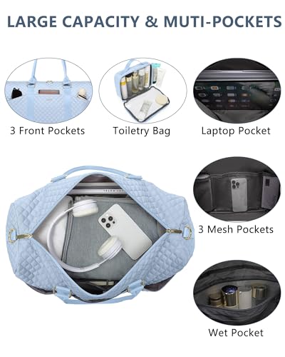 Women Weekender Travel Duffle Bag: Travel Duffel Overnight Bags with Shoe Compartment Large Carry on Tote with Toiletry Bag Weekend Traveling Yoga Gym Hospital Bag for Women with Wet Pocket Light Blue - color: 06-Light Blue, size: Large