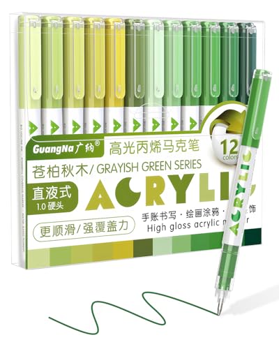 Guangna Green Acrylic Gel Pens 12 Color, Colored Pens for Journaling, Coloring Books, Calligraphy, Note Taking & DIY Crafts, RollerBall Pen Tip - color: Grayish Green