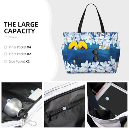 Large Beach Bag for Women Waterproof Foldable Travel Shoulder Tote Bag with Pocket for Weekender Pool Vacation - color: Magnolia Blue