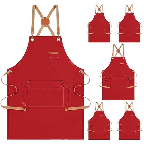 Genixart Chef Apron Men Women, Kitchen Aprons Cooking, BBQ - Red, 6 Pack | Box Packed, Cotton Canvas, Cafe, Bar, Workshop, Restaurant, Water & Oil Stain Resistant, Cross Back Adjustable, Large Pockets - color: Red, 6 Pack