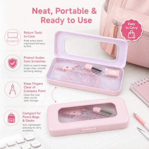 7Pcs Pink Geometry Math Drawing Set with Compass, Protractor, Rulers, Drafting Tools in Portable Box for Students