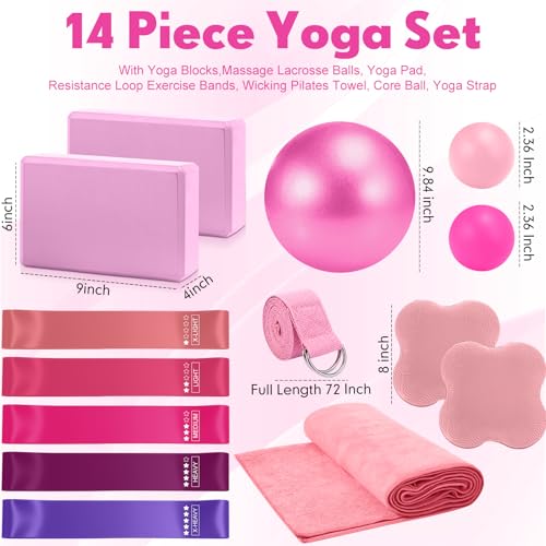 Simgoing 14 Pcs Yoga Kits for Home Workouts Pilates Equipment Set for Women Beginners, Hot Yoga Towel Blocks Strap, Knee Pad, Resistance Loop Exercise Band, Massage Lacrosse Ball, Pilates Ball - color: Pink