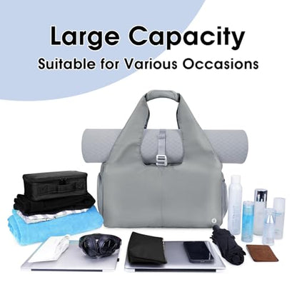 Sportsnew Tote Yoga Mat Gym Bag 20L Women W/Shoe Compartment Wet Dry Pocket | Water-Resistant Gym Tote - Mat Strap, Ventilated Shoe Bin, Wet Pocket, Padded Handle, Multi Pockets, Side Mesh & Key Clip - color: Grey