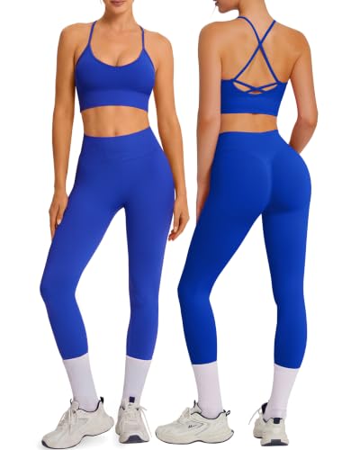 OMKAGI Padded Workout Sets for Women Cross Back Tank Gym Leggings Outfits - color: 772-cobalt Blue, size: Medium