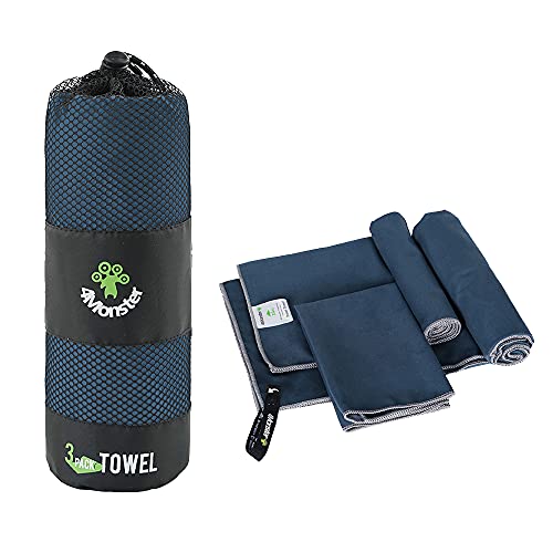 4Monster Camping Towels 3 Size at 1 Pack,Quick Dry Microfiber Towel,Beach Travel Towel Ultra Compact,Soft Gym Towel for Hiking Yoga Travel Sports Backpacking Trip and Pool - color: Navy