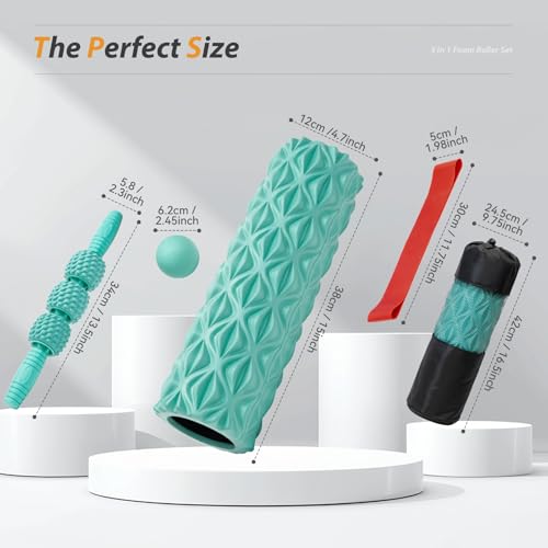 5 in1 Foam Roller Set High Density 15" Foam Roller for Muscle Recovery | Deep Tissue Muscle Massage Foam Roller for Exercise, Massage Roller, Massage Ball, Stretching Strap, for Whole Body Aqua - color: Pure Turquoise