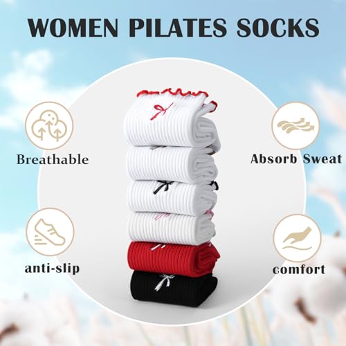 Women's Pilates Grip Socks, Ruffle Non Slip Bow Pattern Yoga Socks | Grippy, Frilly Trim, Embroidery, Crew Length, Soft Cotton, Arch Support, for Barre Ballet Dance Workout Hospital Home Gifts - color: B06-bow-red+black
