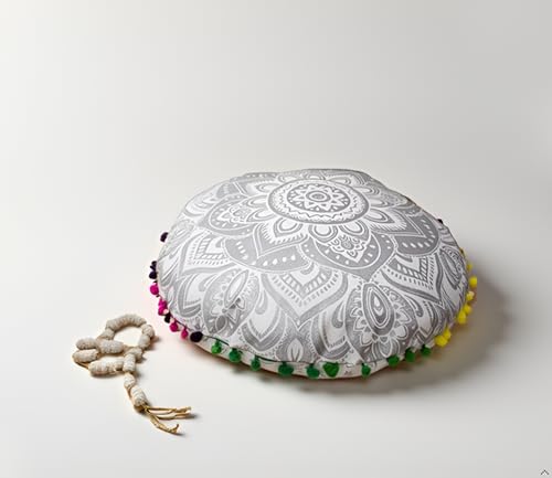 CRAFT KALA 22" Bohemian Floor Pillow Pouf Cover Mandala Boho Large Round Meditation Room Pillow Covers for Adults Seating Poufs Cushion Cover for Kids Playroom Silver Flower - color: Silver, size: 22" x 22" (Pack of 1)