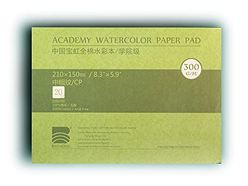 BAOHONG Academy Grade Watercolor Block, 100% Cotton, Acid-Free, 140LB/300GSM, Cold Press Textured, 20 Sheets per Block (Cold Press 8.3" X5.9“) - size: Cold Press 8.3" x 5.9"