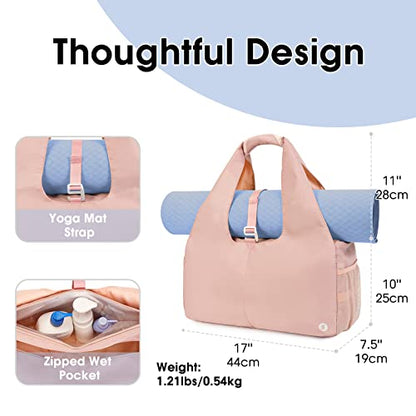 Sportsnew Tote Yoga Mat Gym Bag 20L Women W/Shoe Compartment Wet Dry Pocket | Water-Resistant Gym Tote - Mat Strap, Ventilated Shoe Bin, Wet Pocket, Padded Handle, Multi Pockets, Side Mesh & Key Clip - color: Pink