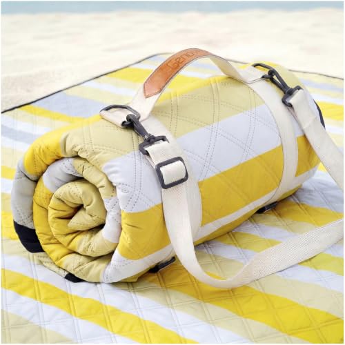 Genovega Waterproof Beach Blanket Picnic Outdoor Mat Rug Extra Large Portable Umbrella Wagon Folding Pop Tent Sun Shelter Shade Canopy Ball Cart Cool Cabana Anchor Fan Mesh Bag Tote Toallas Manta - color: Lemon Yellow Stripe