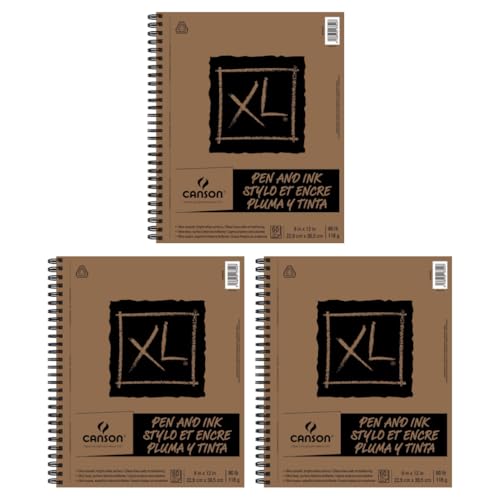 Canson XL Series Pen & Ink Pad, 9" x 12", White, 80 lb. (118gsm), 60 Sheets/Pad, Case of 3, 180 Sheets Total - size: 9x12 (3-Pack)