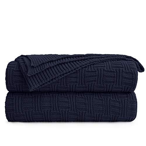 Longhui bedding Cotton Navy Cable Knit Throw Blanket for Couch Chairs Bed Beach, Home Decorative Grey Knitted Blanket, 50 x 60 Inch with a Washing Bag,Silk Bow Tie Package - color: Navy Blue, Stripe Pattern, size: 50"x60"