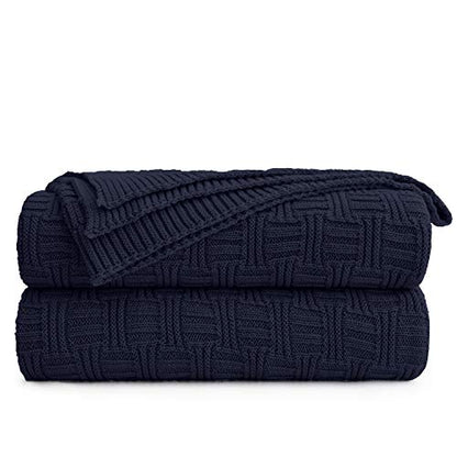 Longhui bedding Large 100% Cotton Navy Blue Cable Knit Throw Blanket for Couch Sofa Bed with Bonus Laundering Bag – 60 x 80 Inches, 3.4 LB, Dark Navy, Machine Washable - color: Navy Blue, Stripe Pattern, size: 60"x80"