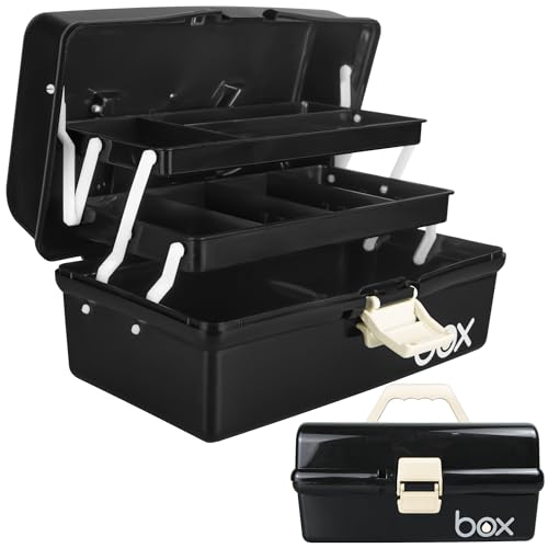 TERGOO 12in Three-Layer Multipurpose Storage Box Organizer Folding Tool Box/Art & Crafts Case/Sewing Supplies Organizer/Medicine Box/Family First Aid Box with 2 Trays (Black)…