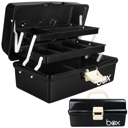 TERGOO 12in Three-Layer Multipurpose Storage Box Organizer Folding Tool Box/Art & Crafts Case/Sewing Supplies Organizer/Medicine Box/Family First Aid Box with 2 Trays (Black)…