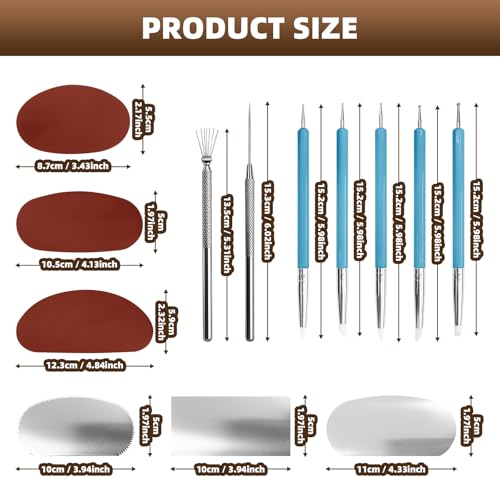 14 Pcs Pottery Clay Sculpt Tools for Sculpting Texturing | Silicone and Stainless Steel Squeegee, Detail Needle, Texture Needle, Cutting Cord, 5 Ceramic Double-Ended Pens