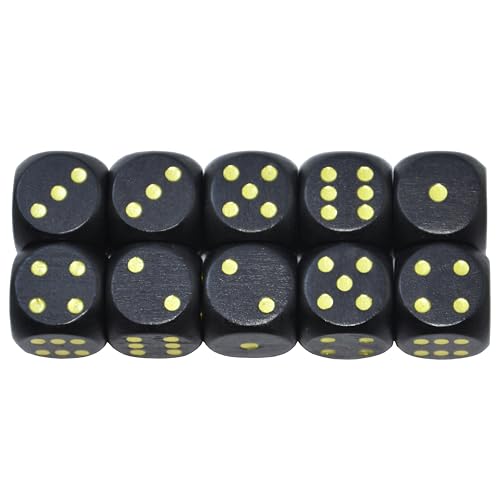 Set of 10 16MM Six Sided D6 Round Wooden Dice Set (Black) - color: Black