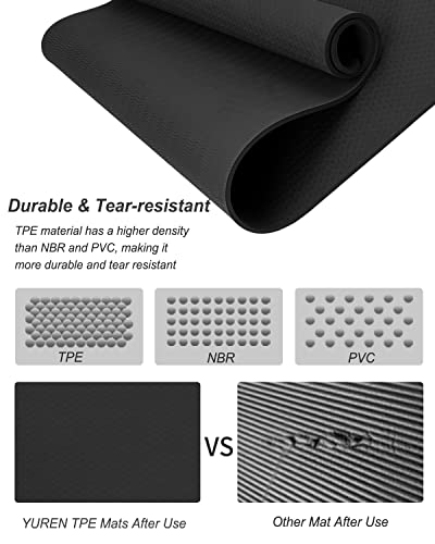 YR Large Exercise Mat 76"x35" 10mm Thick TPE Yoga Mat Non Slip | Workout mats, home gym, anti-tear, easy-to-clean, odor-less, excellent cushion, with yoga bag - color: Black