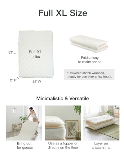 FULI Japanese Futon, Full XL Size, White - Foldable Shikibuton Floor Bed | Medium Firm Quilted Cotton Sleeping Pad, Portable Roll-Up Japanese Floor Bed for Guests & Small Spaces, 100% cotton surface - size: Full XL (83"L x 55"W), style: Standard