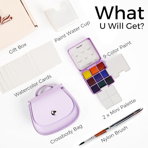 Funto Mini Watercolor Set Travel Kit with 9 Colors, Leather Bag & Watercolor Paper, Portable Drawing & Painting Supplies for Beginners, Art Gift Set - style: Purple
