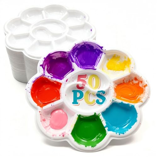 Paint Palettes, 50 Pcs, One Time Use Plastic, White 4.6 inch | Mini Watercolor Painting Palettes for Students, Kids, Paint Holder, DIY Craft Class, Paintings