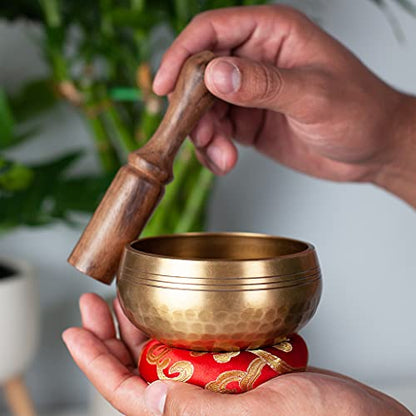 Tibetan Singing Bowl Set - Easy To Play for Beginners - Authentic Handcrafted Mindfulness Meditation Holistic Sound 7 Chakra Healing Gift by Himalayan Bazaar (3.5") - color: Gold - 3.5 Inch