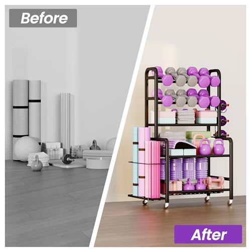 Homeiju Dumbbell Rack, Weight Rack for Home Gym, Yoga Mat Storage Holder with Lockable Wheels, Dumbbell Stand with Hooks, All in One Work out Equipment Storage for Yoga Mat Dumbbell and Balls - size: 5-Tier