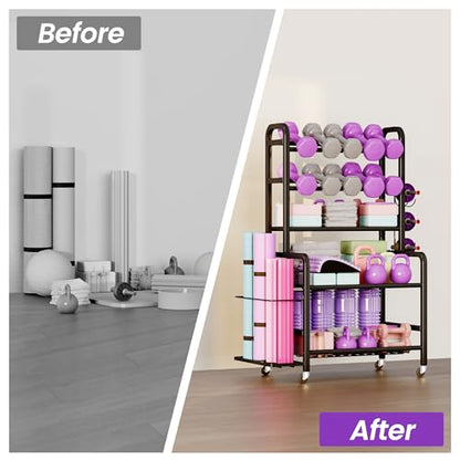 Homeiju Dumbbell Rack, Weight Rack for Home Gym, Yoga Mat Storage Holder with Lockable Wheels, Dumbbell Stand with Hooks, All in One Work out Equipment Storage for Yoga Mat Dumbbell and Balls - size: 5-Tier