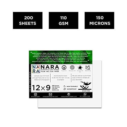 NARA Alcohol Ink Paper | White | 12 inches x 9 inches (12”x9”) | 150 microns/110 GSM | 200 Sheets| Lite Paper | Paper for Alcohol Ink Art Painting | 100% Stain-Free - color: White_Rectangle_Paper Sheets_06