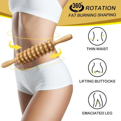Manual Massager Wooden Handheld Roller Trigger Point Massager Stick for Fascia, Cellulite, Muscle & Abdomen, Body Therapy Massager, Muscle Belly Relief Tool, Natural Wood | Body Sculpting, 9-Wheel Massager for Legs and Thighs, Wooden Massage Tools for Tri