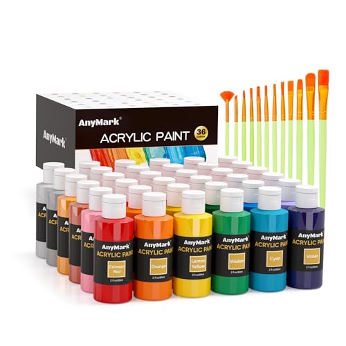 AnyMark Acrylic Paint, 36 Classic Colors Acrylic Paint Set with 12 Brushes | Art Kit Painting Supplies for Adults Canvas, Rock, Wood and Fabric, 2 fl oz/60ml Bottles - color: Classic