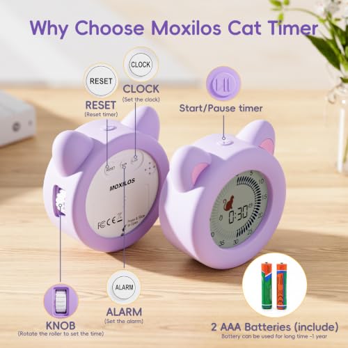 299 Minute Visual Timer for Kids, Cat Countdown Timer with Pause ﻿ | Digital Classroom Timer with Clock and Alarm, ADHD Autism Toddler Support, Time Management Tool, Girl Pomodoro Timer, Purple