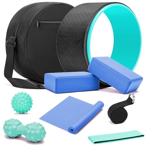 All in One Yoga Wheel Set, Soft Foam Roller Wheel for Back Pain & Stretching, Yoga Blocks 2 Pack with Strap, Trigger Point Therapy Massage Ball for Deep Tissue, Yoga Starter Kit for Beginner - color: C1, Black