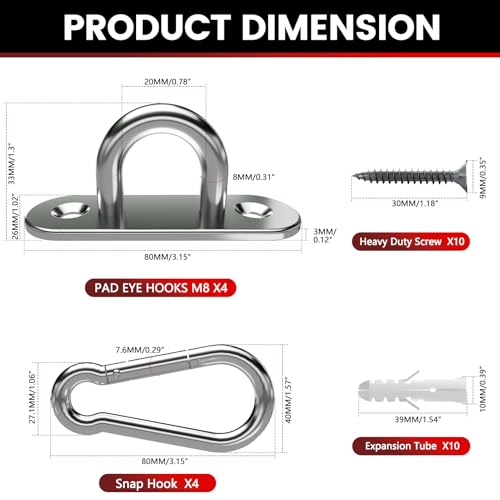 sprookber 304 Stainless Steel Pad Eye Snap Hook,M8 Ceiling Hook 1200Lb,8Pcs | Hanging Kit with Screws for Hammock Chair Swing, Yoga Gym Equipment, Sun Shade Sail, Plant Hangers & Marine Boat Hardware - size: 3.15 inch, style: Oval