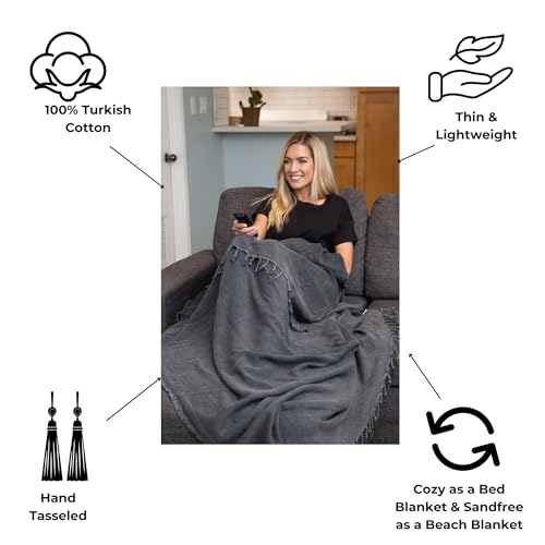 InfuseZen Stonewashed Turkish Organic Cotton Couch Throw Blanket - Charcoal - color: Large Charcoal (80" X 48")
