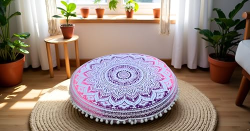 ICC Floor Pillows & Cushion Covers, Decorative Hippie Mandala Pouf Pillow Cover Bohemian Seating Meditation Cushion Cover, Large Boho Ottoman Case Pillowcase for Couch Pink Ombre, 32" Round - size: 32" x 32" (Pack of 1), style: Pink Ombre
