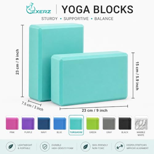 EXERZ Yoga Blocks 2 pack, Gym Blocks, Exercise Workout Fitness Bricks, Pilates Stretch Handstand Non-Slip - color: Turquoise